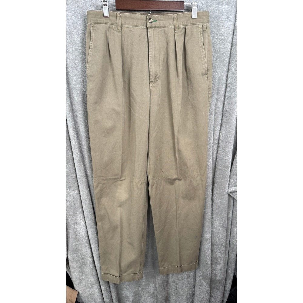 Tommy Hilfiger Mens Khaki Tan Pants Pleated Chino Relaxed Fit Crest Logo 34x34